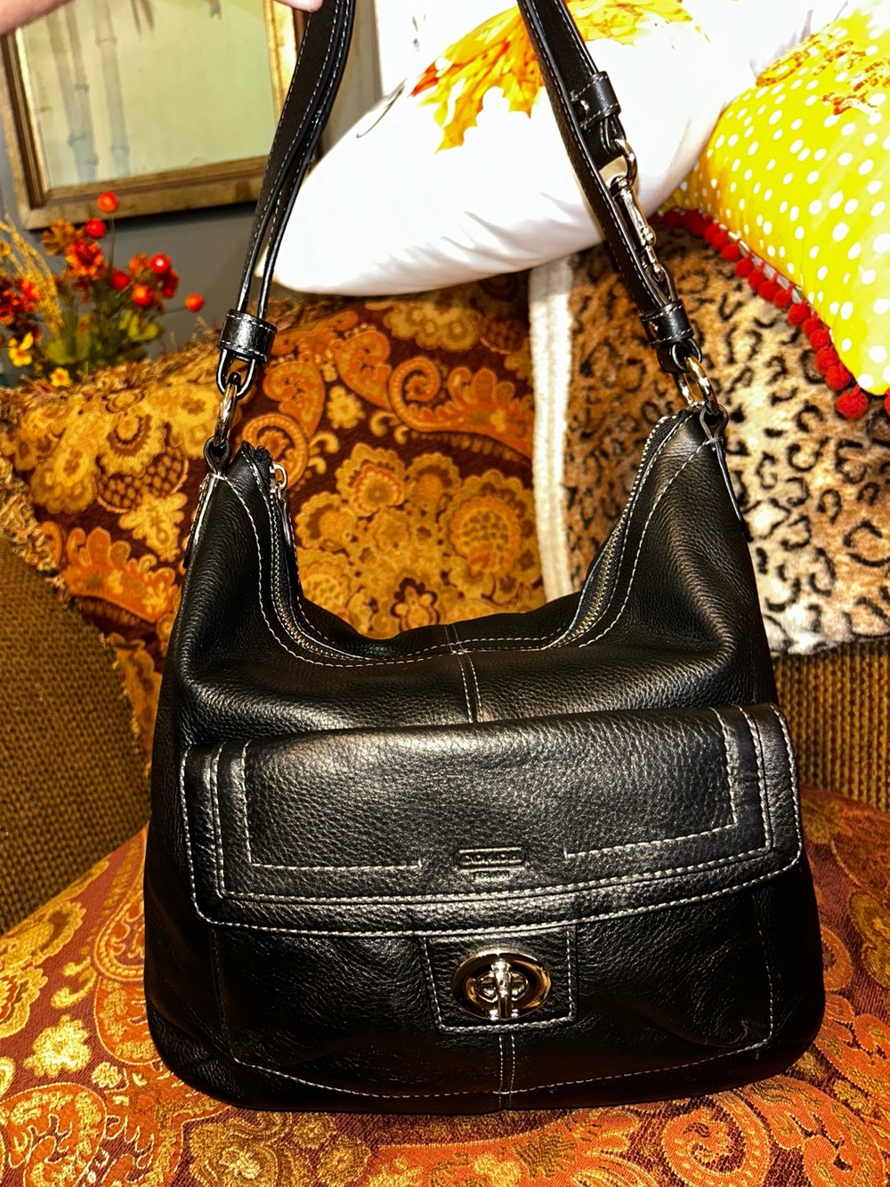 Coach Penelope Black Pebbled Leather Hobo Shoulder Bag (F19045)